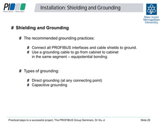 Installation: Shielding and Grounding
intern

2
8

Shielding and Grounding
The recommended grounding practices:
Connect all PROFIBUS interfaces and cable shields to ground.
Use a grounding cable to go from cabinet to cabinet
in the same segment – equipotential bonding.

Types of grounding:
Direct grounding (at any connecting point)
Capacitive grounding

Practical steps to a successful project, The PROFIBUS Group Seminars, Dr Xiu Ji

Slide 28

 