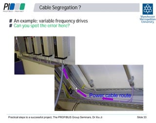 Cable Segregation ?
An example: variable frequency drives
Can you spot the error here?

Power cable route

Practical steps to a successful project, The PROFIBUS Group Seminars, Dr Xiu Ji

Slide 33

 