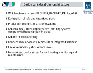 Design considerations - architecture

4
1

Which network to use – PROFIBUS, PROFINET, DP, PA, AS-i?
Designation of safe and hazardous areas
Production and functional safety systems
Cable routes – fibres, copper cables, earthing systems,
equipotential bonding cable in place?
Cabinet or field assembly
Connection of devices via remote IO or integrated fieldbus?
Use of redundancy at difference levels
Network and device access for engineering, monitoring and
maintenance

Practical steps to a successful project, The PROFIBUS Group Seminars, Dr Xiu Ji

Slide 41

 