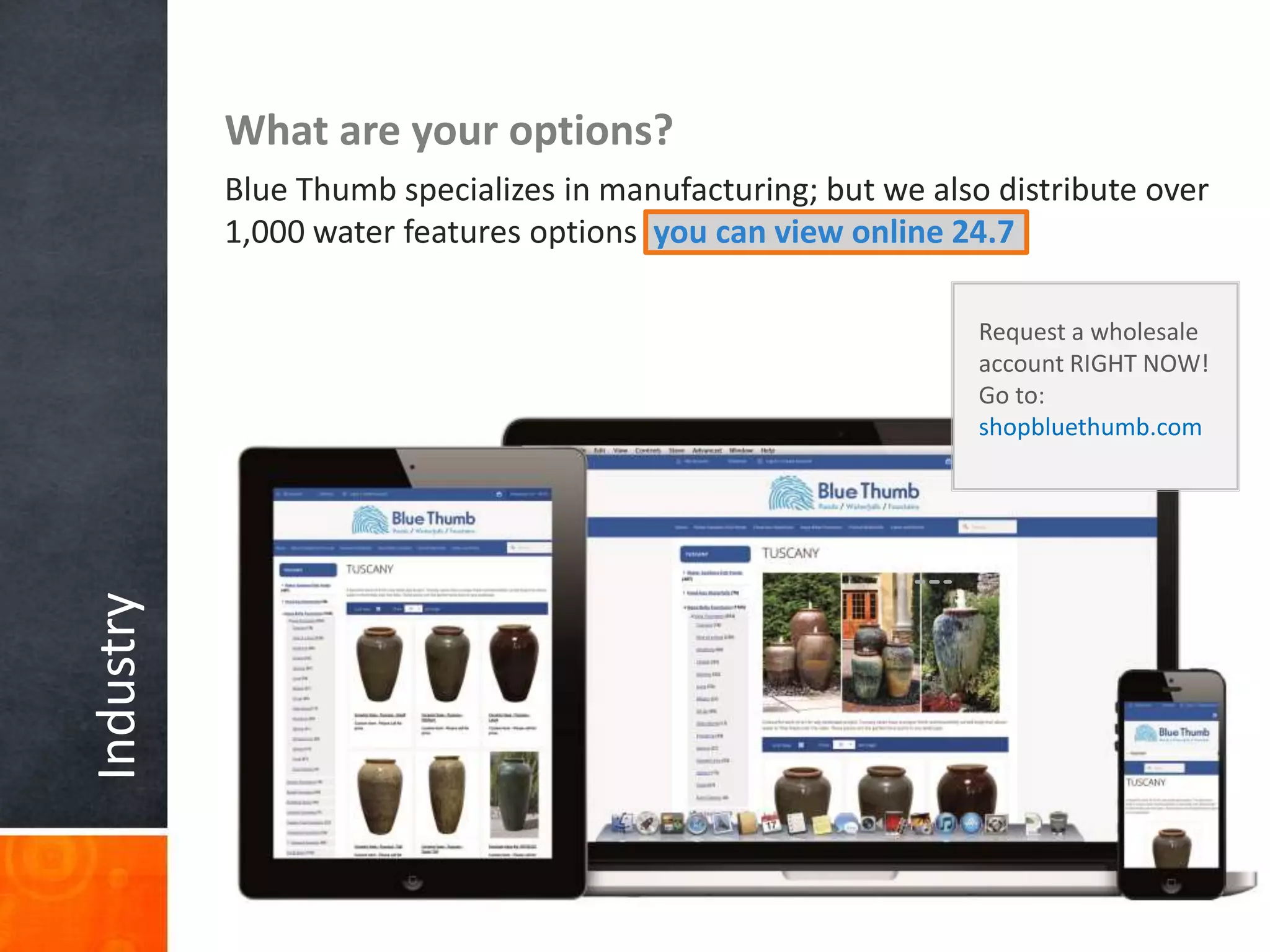 Industry What are your options?
Blue Thumb specializes in manufacturing; but we also distribute over
1,000 water features options you can view online 24.7
Request a wholesale
account RIGHT NOW!
Go to:
shopbluethumb.com
 