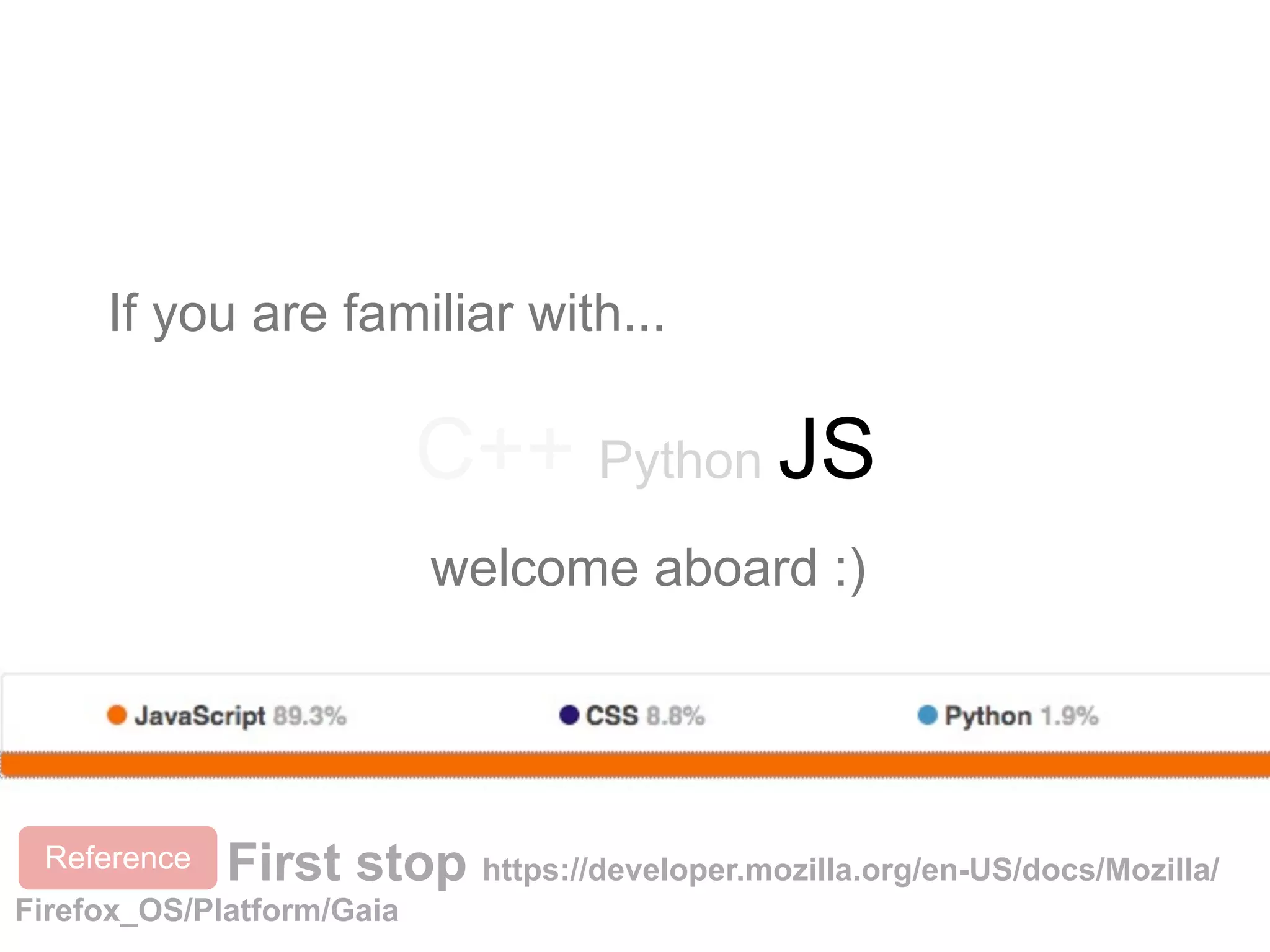 C++ Python JS
welcome aboard :)
If you are familiar with...
First stop https://developer.mozilla.org/en-US/docs/Mozilla/
Firefox_OS/Platform/Gaia
Reference
 