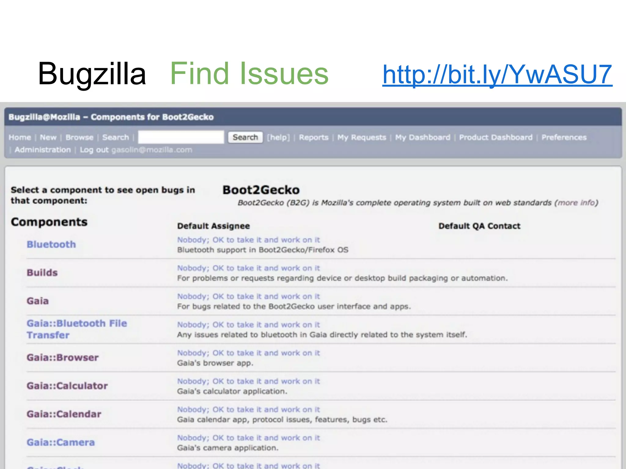 Bugzilla http://bit.ly/YwASU7Find Issues
 