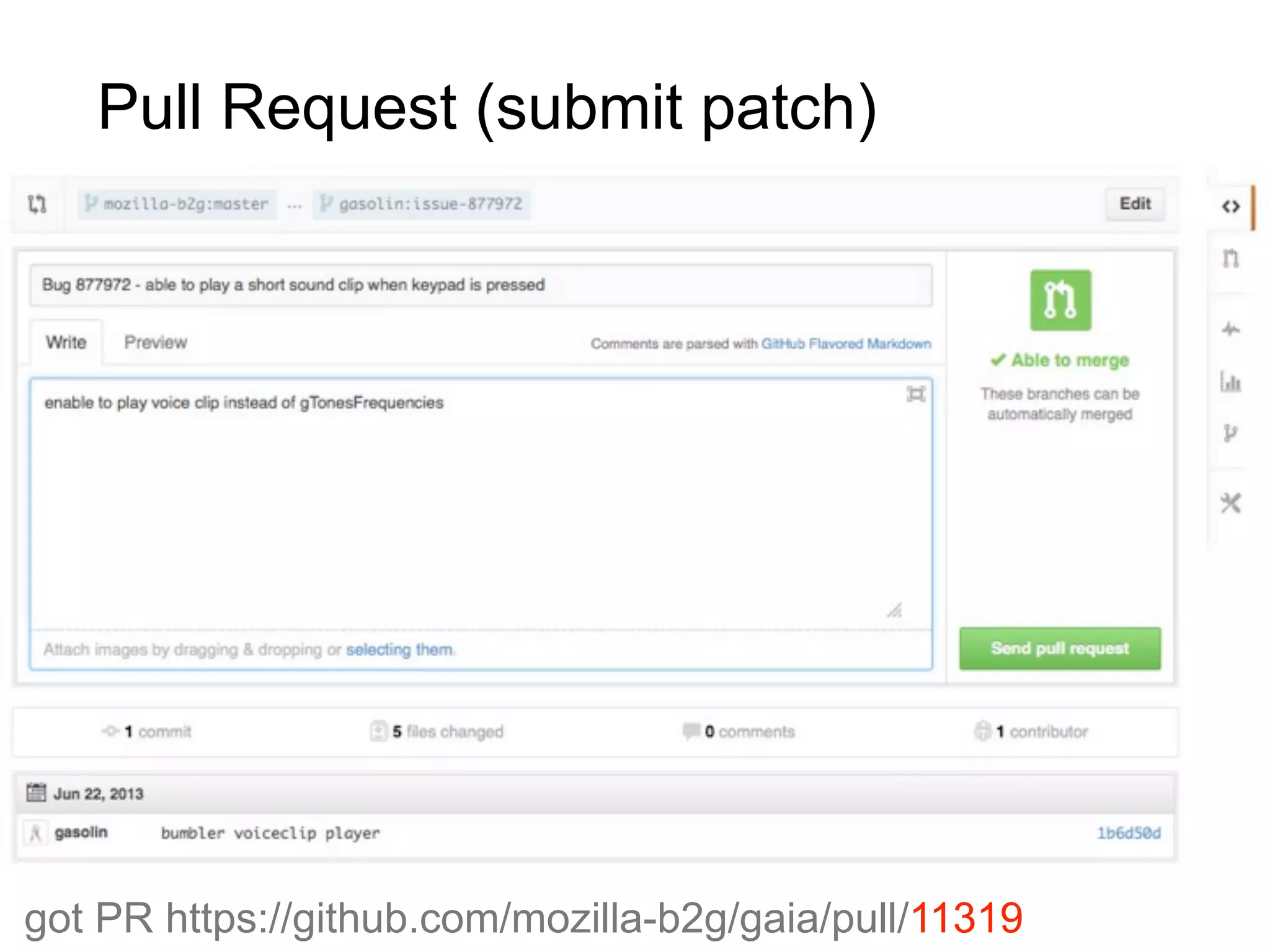 Pull Request (submit patch)
got PR https://github.com/mozilla-b2g/gaia/pull/11319
 
