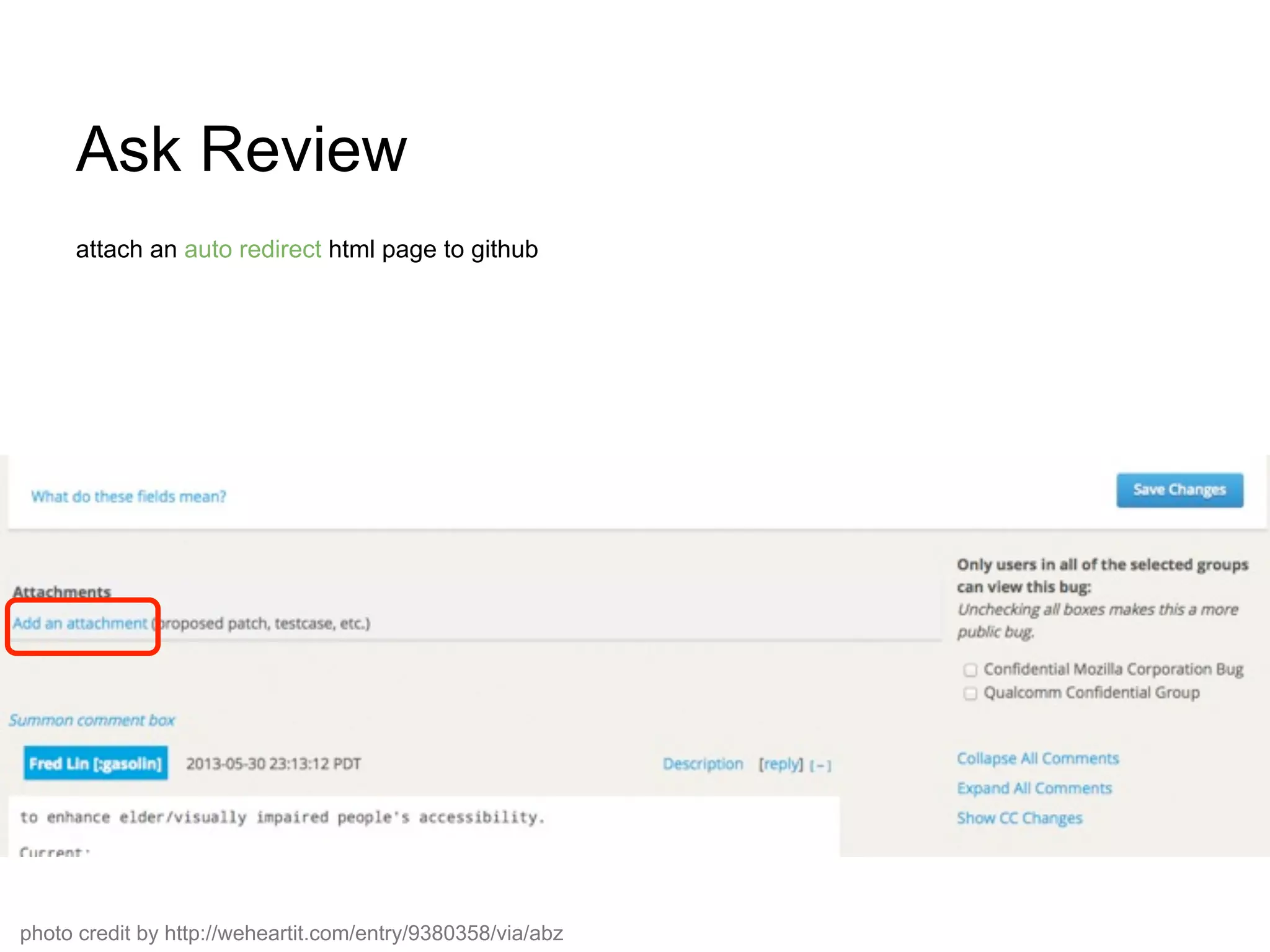 Ask Review
attach an auto redirect html page to github
photo credit by http://weheartit.com/entry/9380358/via/abz
 