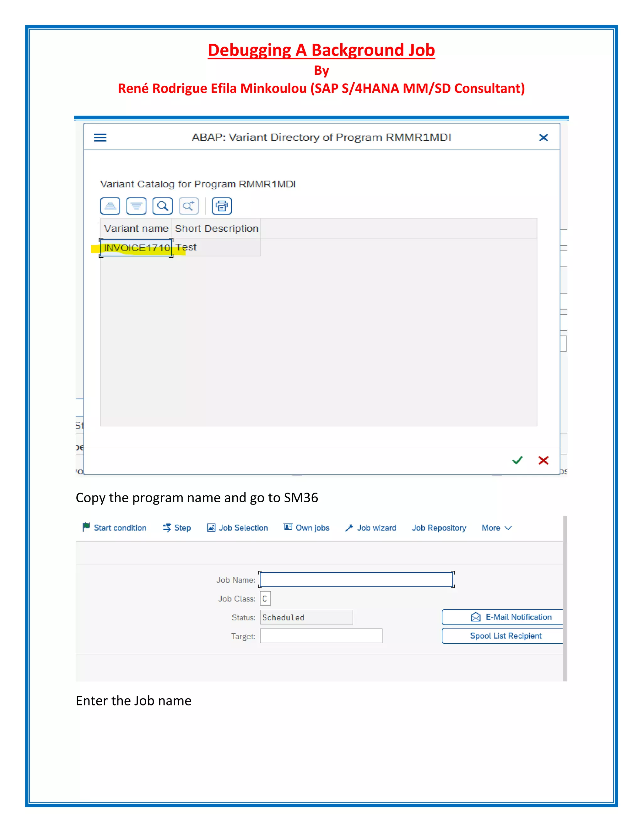 Debugging A Background Job
By
René Rodrigue Efila Minkoulou (SAP S/4HANA MM/SD Consultant)
Copy the program name and go to SM36
Enter the Job name
 