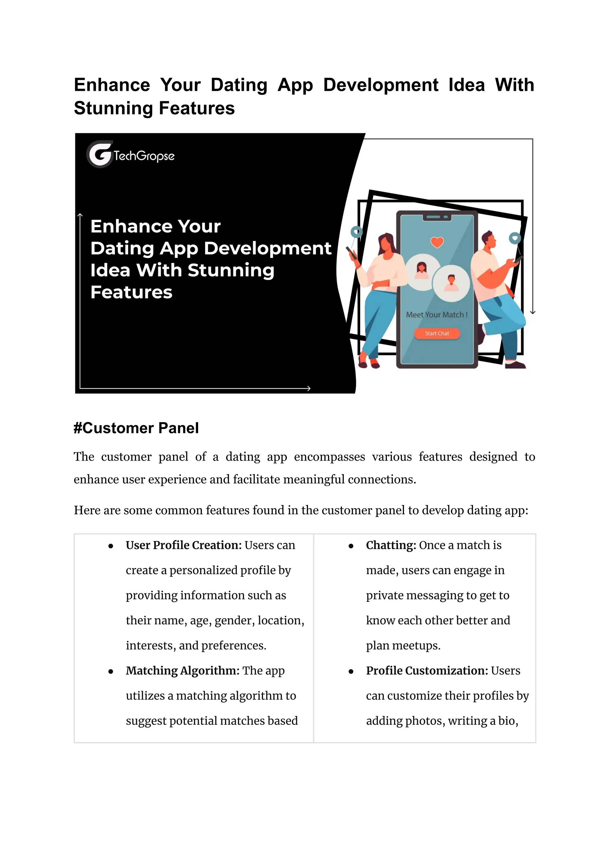 Enhance Your Dating App Development Idea With
Stunning Features
#Customer Panel
The customer panel of a dating app encompasses various features designed to
enhance user experience and facilitate meaningful connections.
Here are some common features found in the customer panel to develop dating app:
● User Profile Creation: Users can
create a personalized profile by
providing information such as
their name, age, gender, location,
interests, and preferences.
● Matching Algorithm: The app
utilizes a matching algorithm to
suggest potential matches based
● Chatting: Once a match is
made, users can engage in
private messaging to get to
know each other better and
plan meetups.
● Profile Customization: Users
can customize their profiles by
adding photos, writing a bio,
 