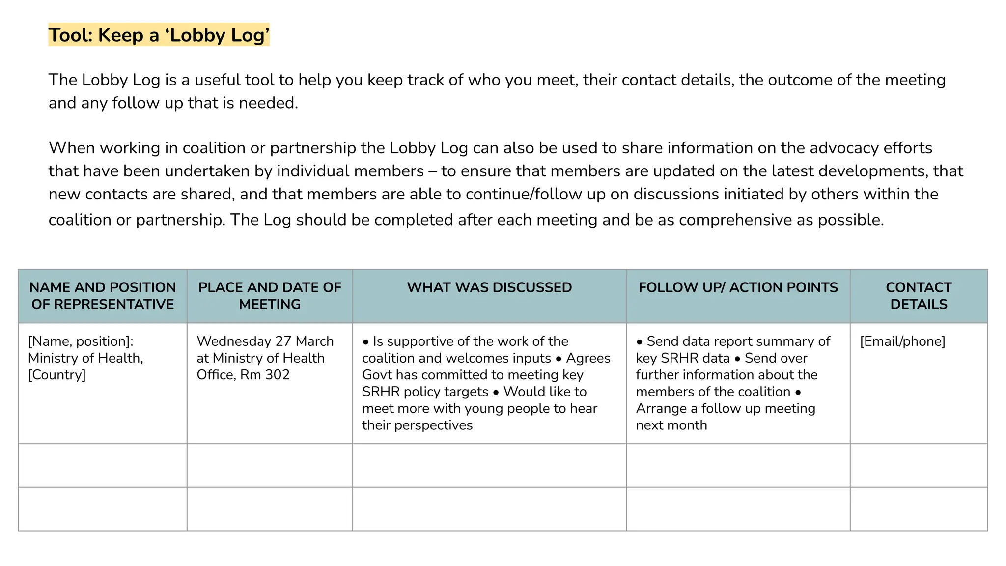 Tool: Keep a ‘Lobby Log’
The Lobby Log is a useful tool to help you keep track of who you meet, their contact details, the outcome of the meeting
and any follow up that is needed.
When working in coalition or partnership the Lobby Log can also be used to share information on the advocacy efforts
that have been undertaken by individual members – to ensure that members are updated on the latest developments, that
new contacts are shared, and that members are able to continue/follow up on discussions initiated by others within the
coalition or partnership. The Log should be completed after each meeting and be as comprehensive as possible.
NAME AND POSITION
OF REPRESENTATIVE
PLACE AND DATE OF
MEETING
WHAT WAS DISCUSSED FOLLOW UP/ ACTION POINTS CONTACT
DETAILS
[Name, position]:
Ministry of Health,
[Country]
Wednesday 27 March
at Ministry of Health
Ofﬁce, Rm 302
• Is supportive of the work of the
coalition and welcomes inputs • Agrees
Govt has committed to meeting key
SRHR policy targets • Would like to
meet more with young people to hear
their perspectives
• Send data report summary of
key SRHR data • Send over
further information about the
members of the coalition •
Arrange a follow up meeting
next month
[Email/phone]
 