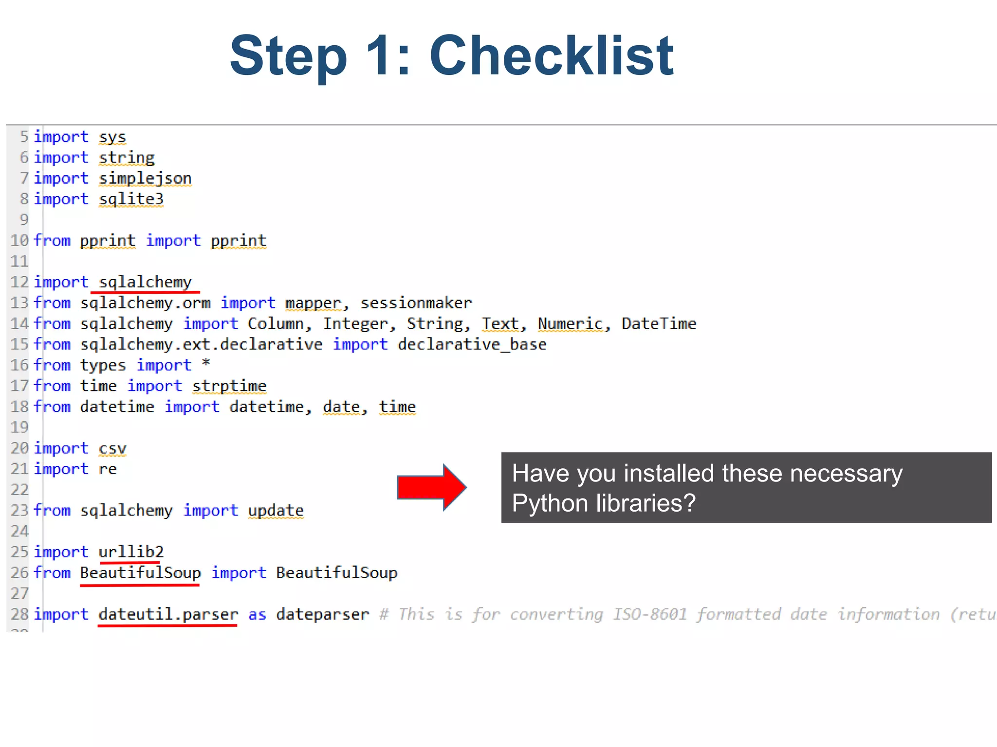 Have you installed these necessary
Python libraries?
Step 1: Checklist
 