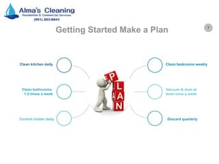 7
Getting Started Make a Plan
Clean bedrooms weeklyClean kitchen daily
Vacuum & dust at
least once a week
Clean bathrooms
1-2 times a week
Discard quarterlyControl clutter daily
 