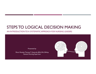 STEPS TO LOGICAL DECISION MAKING
AN INTRODUCTIONTO A SYSTEMATIC APPROACH FOR NURSING LEADERS
Presented by:
Maria Menelyn Therese T. Gastardo, BSN, RN, DIHcip
General Nursing Supervisor
 