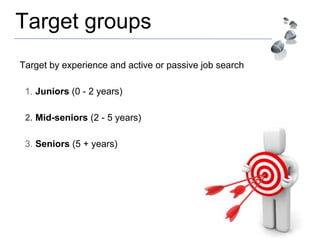 Target groups
Target by experience and active or passive job search
1. Juniors (0 - 2 years)
2. Mid-seniors (2 - 5 years)
3. Seniors (5 + years)
 