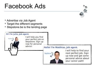 Facebook Ads
‣ Advertise via Job Agent
‣ Target the different segments
‣ Stepstone.be is the landing page
 