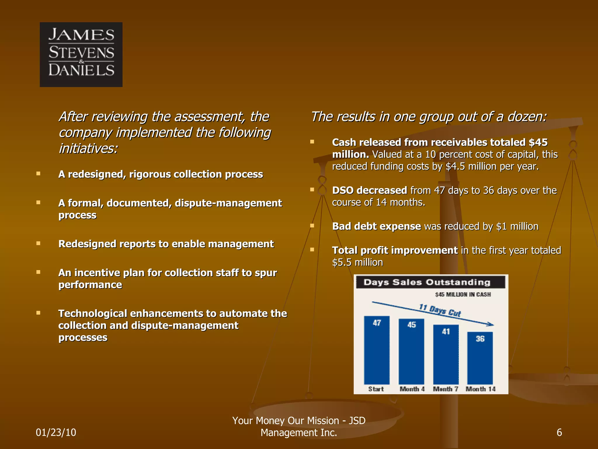 After reviewing the assessment, the company implemented the following initiatives: A redesigned, rigorous collection process   A formal, documented, dispute-management process  Redesigned reports to enable management An incentive plan for collection staff to spur performance Technological enhancements to automate the collection   and dispute-management processes The results in one group out of a dozen: Cash released from receivables totaled $45 million.  Valued at a 10 percent cost of capital, this reduced funding costs by $4.5 million per year. DSO decreased  from 47 days to 36 days over the course of 14 months. Bad debt expense  was reduced by $1 million Total profit improvement  in the first year totaled $5.5 million 01/23/10 Your Money Our Mission - JSD Management Inc. 