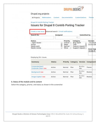 Drupal Geeks a Division of Ameex Technologies Corp 1701 E Woodfield Rd, Suite 211 Schaumburg, IL
60173
b. Status of the module and its content
Select the category, priority and status as shown in the screenshot
 