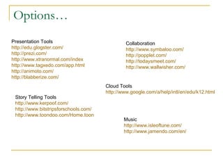 Options… Presentation Tools http://edu.glogster.com/ http://prezi.com/ http://www.xtranormal.com/index http://www.tagxedo.com/app.html http://animoto.com/ http://blabberize.com/ Collaboration http://www.symbaloo.com/ http://popplet.com/ http://todaysmeet.com/ http://www.wallwisher.com/ Story Telling Tools http://www.kerpoof.com/ http://www.bitstripsforschools.com/ http://www.toondoo.com/Home.toon Cloud Tools http://www.google.com/a/help/intl/en/edu/k12.html Music http://www.isleoftune.com/ http://www.jamendo.com/en/ 