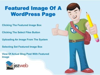 Featured Image Of A
WordPress Page
Clicking The Featured Image Box
Clicking The Select Files Button
Uploading An Image From The System
Selecting Set Featured Image Box
View Of Actual Blog Post With Featured
Image
 