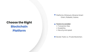 Choose the Right
Blockchain
Platform
Platforms: Ethereum, Binance Smart
Chain, Polkadot, Solana.
Factors to consider:
Transaction fees
Scalability
Security and speed
Decide: Public vs. Private Blockchain.
 