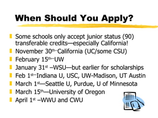 When Should You Apply? Some schools only accept junior status (90) transferable credits—especially California! November 30 th-- California (UC/some CSU) February 15 th— UW  January 31 st  –WSU—but earlier for scholarships Feb 1 st— Indiana U, USC, UW-Madison, UT Austin March 1 st —Seattle U, Purdue, U of Minnesota March 15 th —University of Oregon April 1 st  –WWU and CWU 