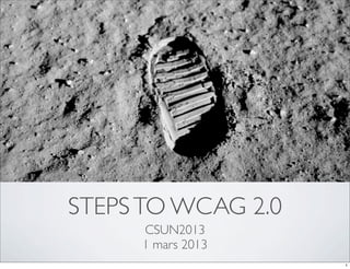 STEPS TO WCAG 2.0
     CSUN2013
     1 mars 2013
                    1
 