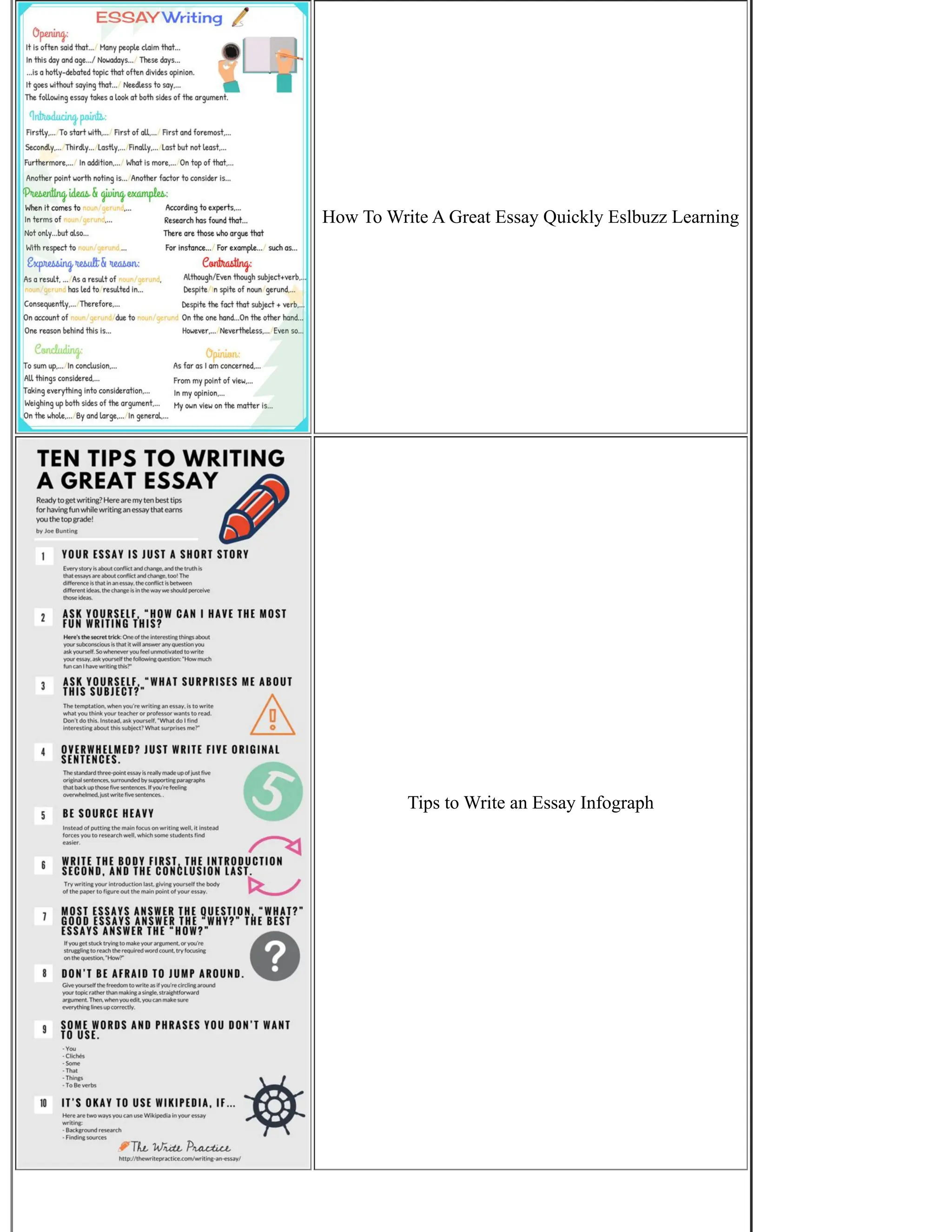 How To Write A Great Essay Quickly Eslbuzz Learning
Tips to Write an Essay Infograph
 