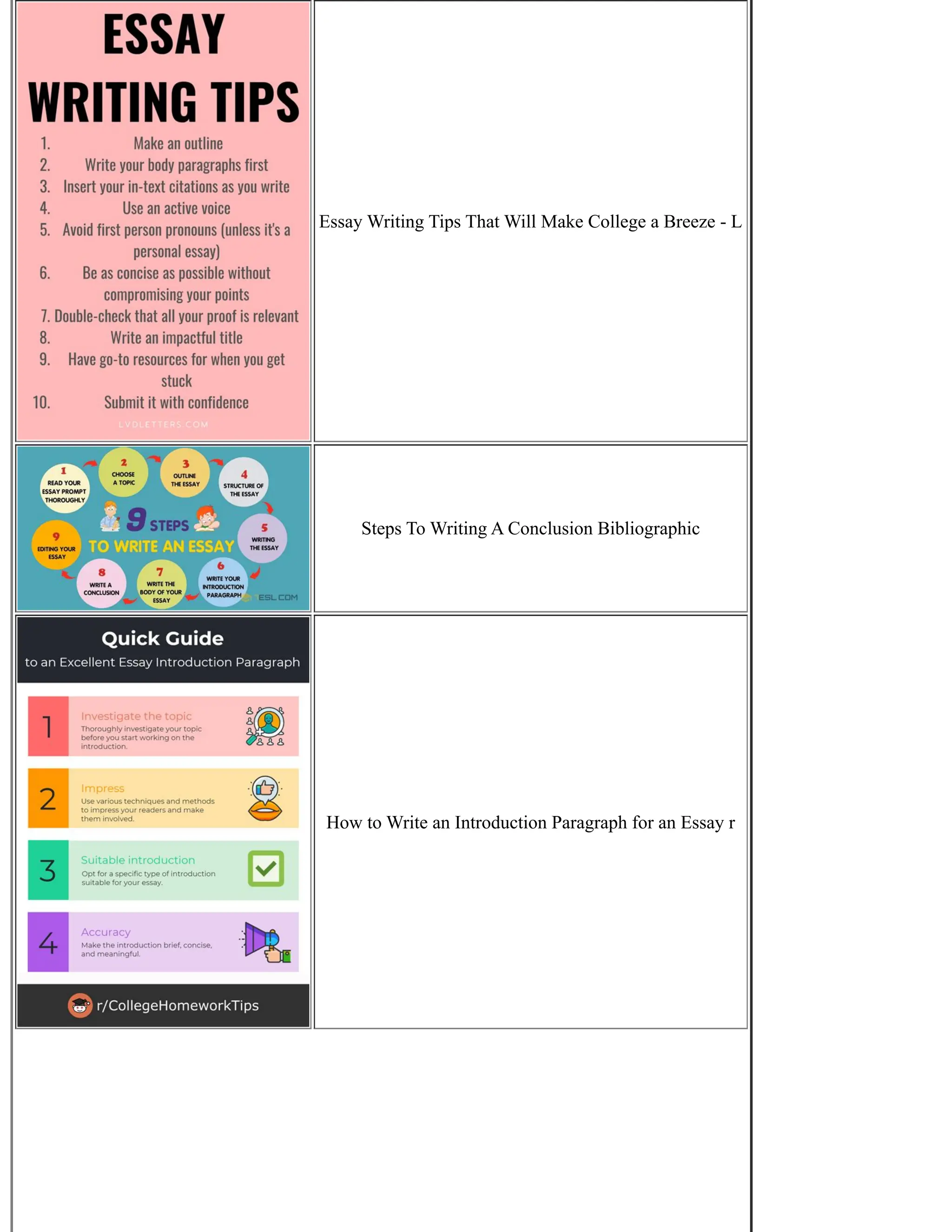 Essay Writing Tips That Will Make College a Breeze - L
Steps To Writing A Conclusion Bibliographic
How to Write an Introduction Paragraph for an Essay r
 