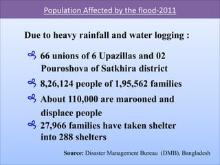 Population Affected by the flood-2011Due to heavy rainfall and water logging : 66 unions of 6 Upazillas and 02 	     	      	       Pouroshova of Satkhira district 8,26,124 people of 1,95,562 families  About 110,000 are marooned and 	       displace people27,966 families have taken shelter into 288 sheltersSource: Disaster Management Bureau  (DMB), Bangladesh 