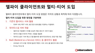 EMBARCADERO TECHNOLOGIES
델파이 클라이언트와 멀티-티어 도입
델파이 클라이언트에서 멀티-티어 도입 방법은 각자의 상황과 목적에 따라 다양합니다.
멀티-티어 도입을 위한 방안을 구분하면:
1. 기존의 웹서비스 서버 활용
‒ SOAP 서버, REST 서버, 표준 웹 프로토콜을 지원하는 미들웨어
2. 데이터스냅 서버 개발
‒ 델파이로 미들웨어 서버를 손쉽게 개발 (윈도우 서버가 필요)
‒ 데이터 모듈과 데이터 액세스 모듈을 캡슐화
‒ 데이터스냅의 “서버 메소드”를 활용하면 클라이언트에서도 로컬 처럼 개발
3. BaaS (Backend as a Service) 서비스 등 클라우드 활용
‒ 모바일의 수익 모델 구현에 필요한 백엔드 서버 서비스를 클라우드에서 제공
‒ Kinvey, Parse 등
 