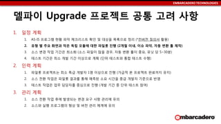 EMBARCADERO TECHNOLOGIES
델파이 Upgrade 로젝트 공통 고려 사항
1. 일정 계획
1. AS-IS 프로그램 현황 파악 체크리스트 확인 및 대상을 목록으로 정리 (*컨버전 질의서 활용)
2. 유형 별 주요 화면과 작은 독립 모듈에 대한 파일롯 진행 (2개월 이내, 이슈 파악, 자동 변환 툴 제작)
3. 소스 변경 작업 기간은 최소화 (소스 파일이 많을 경우, 자동 변환 툴이 중요, 유닛 당 5~30분)
4. 테스트 기간은 최소 개발 기간 이상으로 계획 (단위 테스트와 통합 테스트 수행)
2. 인력 계획
1. 파일롯 로젝트는 최소 특급 개발자 1명 이상으로 진행 (가급적 본 로젝트 완료까지 유지)
2. 소스 전환 작업은 파일롯 결과를 통해 예측된 소요 시간을 중급 개발자 기준으로 반영
3. 테스트 작업은 업무 담당자를 중심으로 진행 (개발 기간 중 단위 테스트 참여)
3. 관리 계획
1. 소스 전환 작업 후에 발생되는 변경 요구 사항 관리에 유의
2. 소스와 실행 프로그램의 형상 및 버전 관리 체계에 유의
 