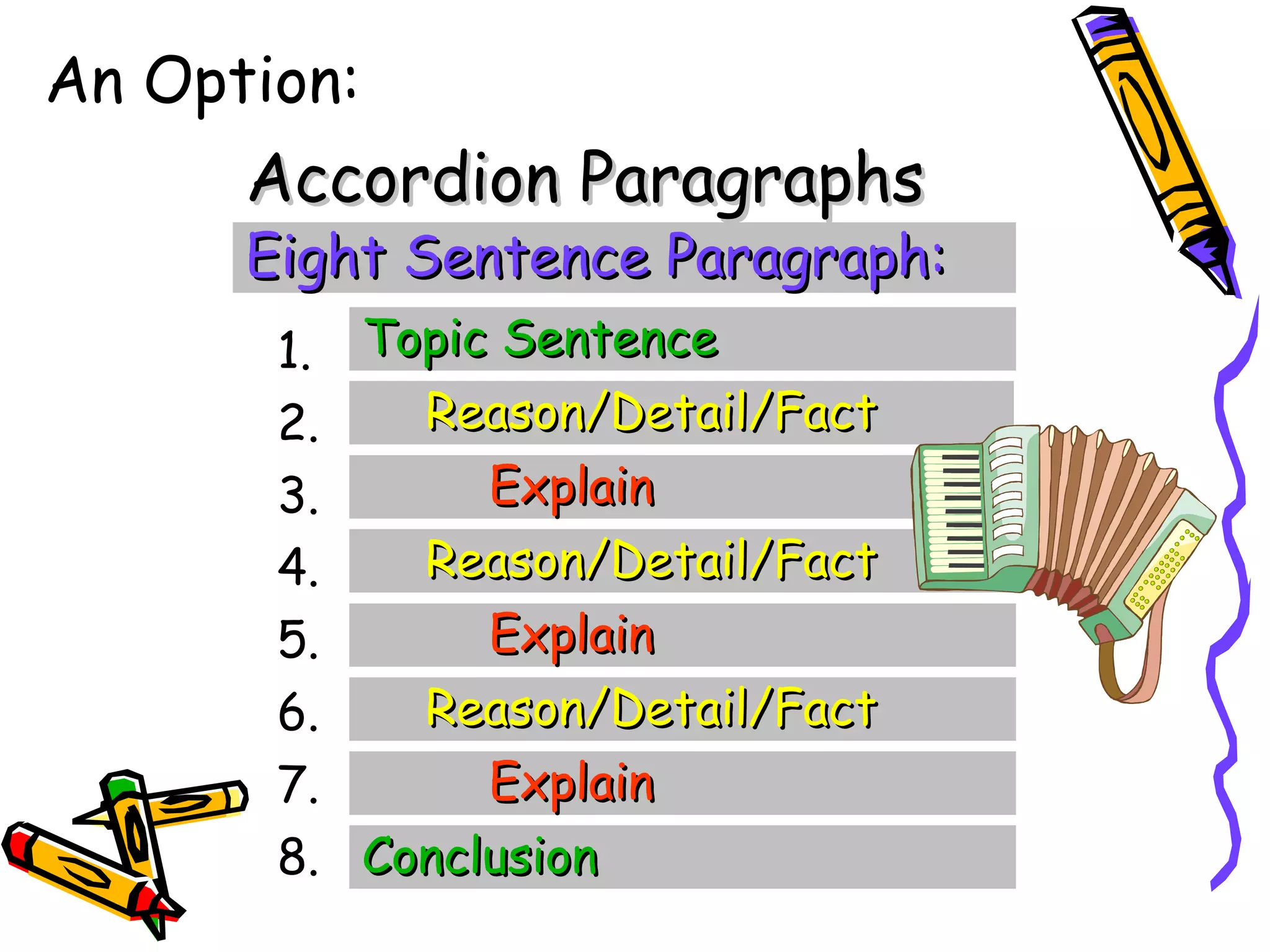 An Option:
      Accordion Paragraphs
      Eight Sentence Paragraph:
       1. Topic Sentence
       2.   Reason/Detail/Fact
       3.      Explain
       4.   Reason/Detail/Fact
       5.      Explain
       6.   Reason/Detail/Fact
       7.      Explain
       8. Conclusion
 