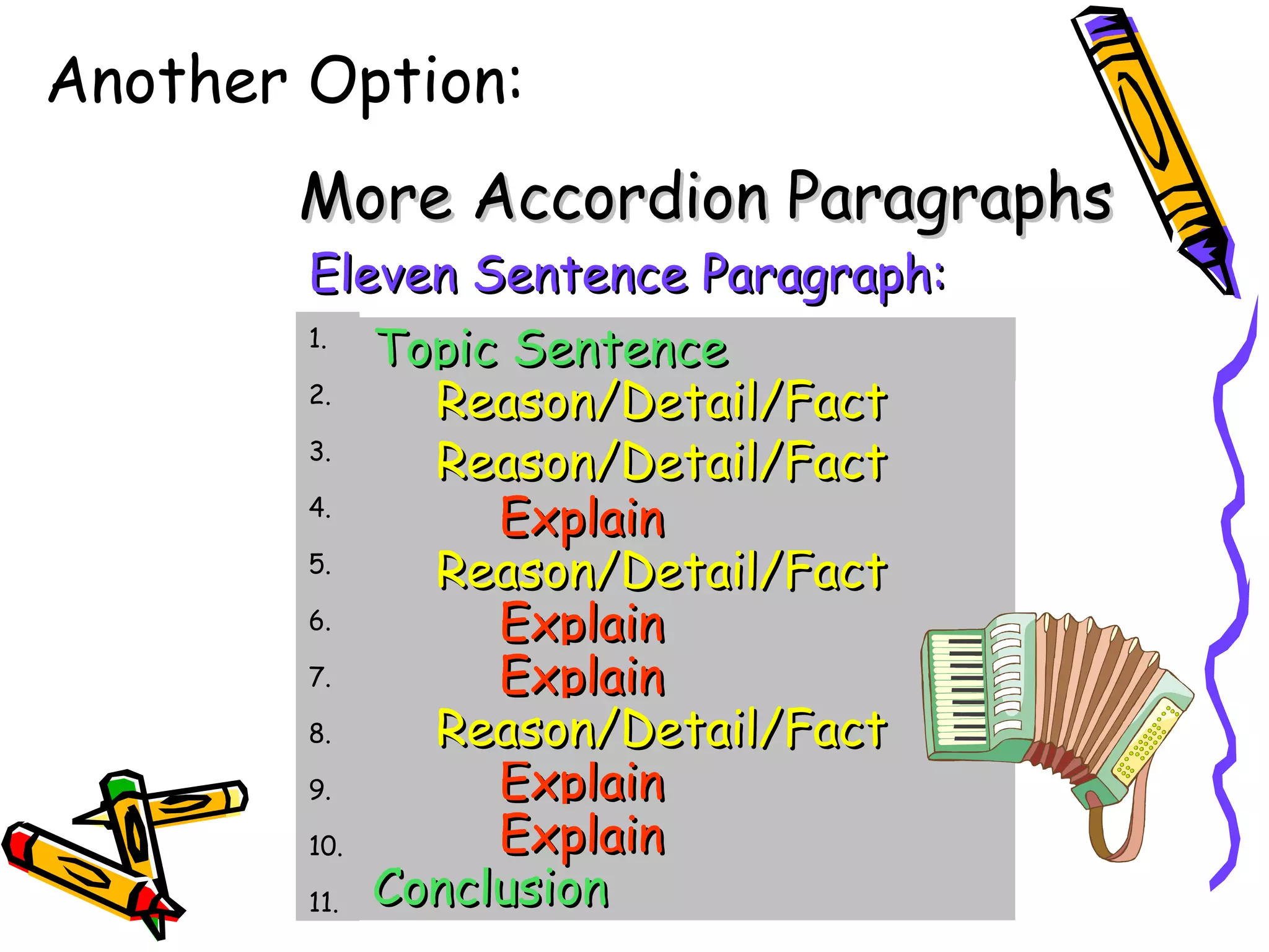 Another Option:
       More Accordion Paragraphs
        Eleven Sentence Paragraph:
        1.
            Topic Sentence
        2.    Reason/Detail/Fact
        3.
              Reason/Detail/Fact
        4.
                 Explain
        5.
              Reason/Detail/Fact
        6.       Explain
        7.       Explain
        8.    Reason/Detail/Fact
        9.       Explain
        10.      Explain
        11. Conclusion
 