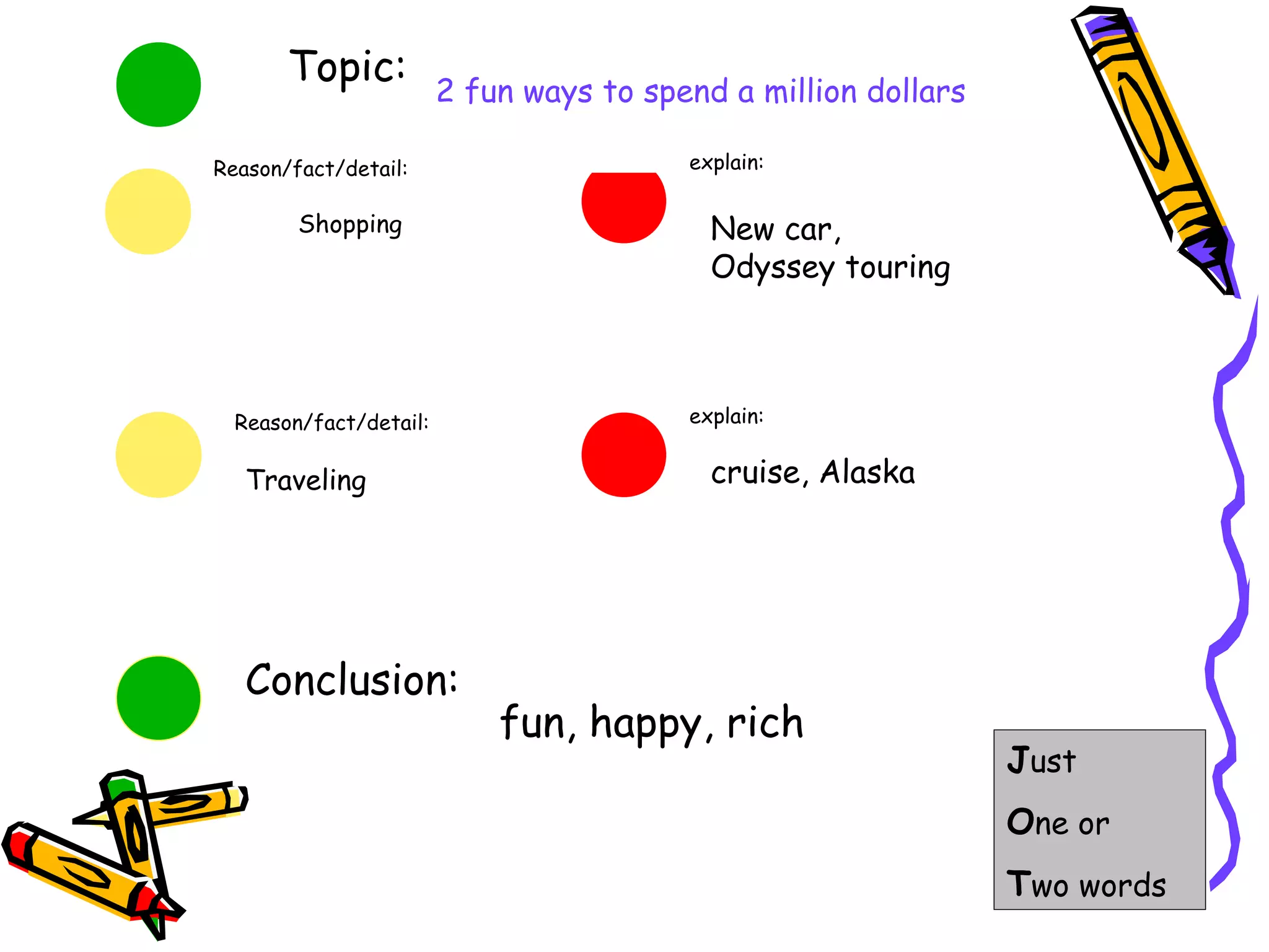 Topic:           2 fun ways to spend a million dollars

Reason/fact/detail:                      explain:

        Shopping                           New car,
                                           Odyssey touring



  Reason/fact/detail:                    explain:


   Traveling                               cruise, Alaska




   Conclusion:
                            fun, happy, rich
                                                                Just
                                                                One or
                                                                Two words
 