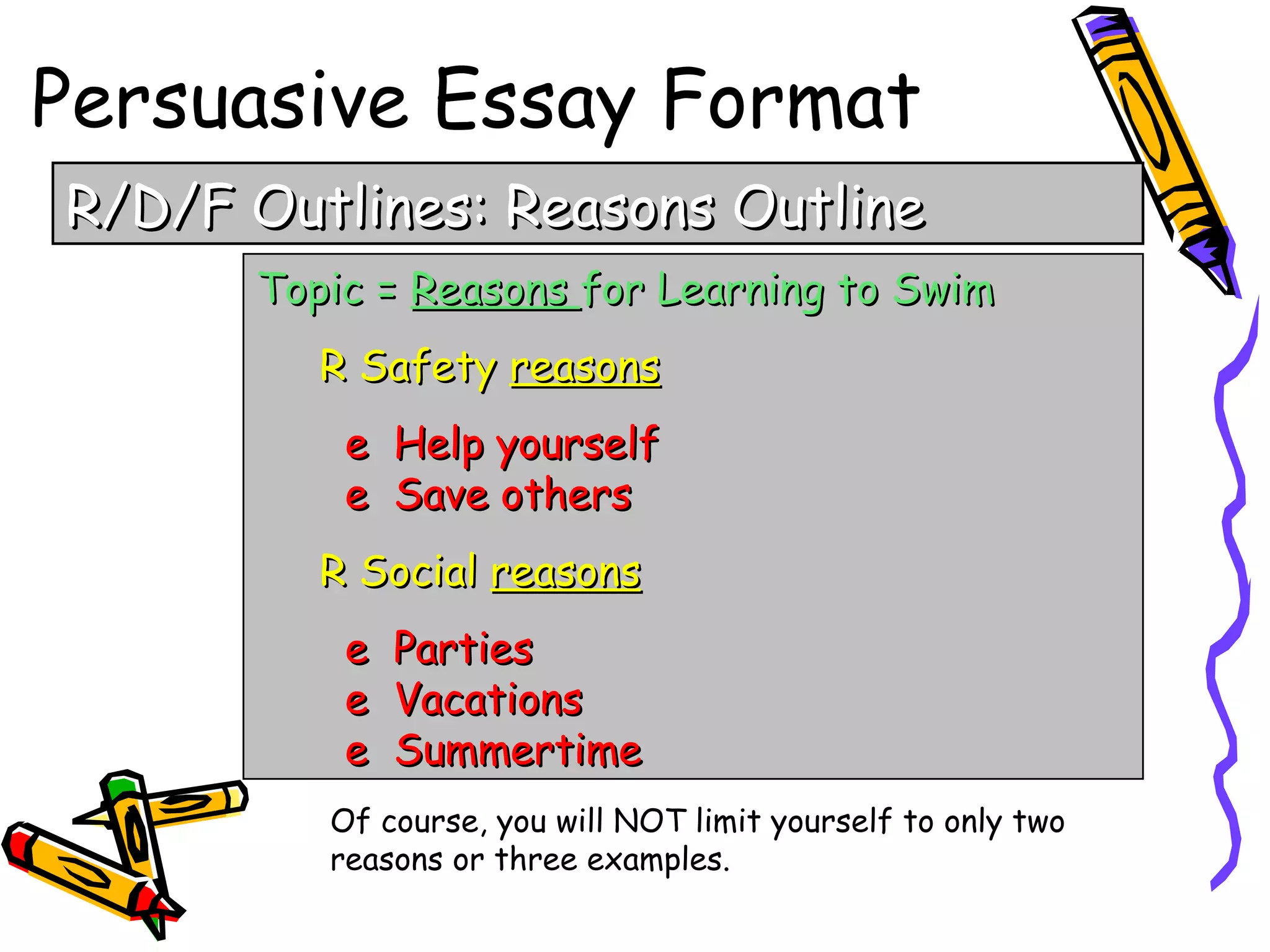 Persuasive Essay Format
R/D/F Outlines: Reasons Outline
      Topic = Reasons for Learning to Swim
         R Safety reasons
          e Help yourself
          e Save others
         R Social reasons
          e   Parties
          e   Vacations
          e   Summertime
         Of course, you will NOT limit yourself to only two
         reasons or three examples.
 