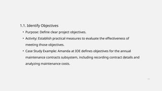 1.1. Identify Objectives
• Purpose: Define clear project objectives.
• Activity: Establish practical measures to evaluate the effectiveness of
meeting those objectives.
• Case Study Example: Amanda at IOE defines objectives for the annual
maintenance contracts subsystem, including recording contract details and
analyzing maintenance costs.
11
 