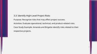 3.3: Identify High-Level Project Risks
Purpose: Recognize risks that may affect project success.
Activities: Evaluate operational, technical, and product-related risks.
Case Study Example: Amanda and Brigette identify risks related to their
respective projects.
23
 