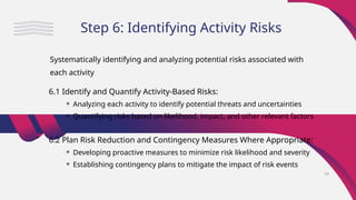 6.1 Identify and Quantify Activity-Based Risks:
⚬ Analyzing each activity to identify potential threats and uncertainties
⚬ Quantifying risks based on likelihood, impact, and other relevant factors
6.2 Plan Risk Reduction and Contingency Measures Where Appropriate:
⚬ Developing proactive measures to minimize risk likelihood and severity
⚬ Establishing contingency plans to mitigate the impact of risk events
Step 6: Identifying Activity Risks
Systematically identifying and analyzing potential risks associated with
each activity
34
 