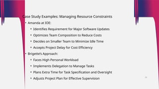 Case Study Examples: Managing Resource Constraints
• Amanda at IOE:
⚬ Identifies Requirement for Major Software Updates
⚬ Optimizes Team Composition to Reduce Costs
⚬ Decides on Smaller Team to Minimize Idle Time
⚬ Accepts Project Delay for Cost Efficiency
• Brigette’s Approach:
⚬ Faces High Personal Workload
⚬ Implements Delegation to Manage Tasks
⚬ Plans Extra Time for Task Specification and Oversight
⚬ Adjusts Project Plan for Effective Supervision 39
 