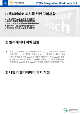 STEPx Storytelling Workbook 3-1 
1) 엘리베이터 피치를 위한 고려사항 
a. 나를 인상적으로 표현할 수 있는가 
b. 상대가 흥미를 가질 만한 내용인가 
c. 상대가 이해할 수 있는 단어와 내용인가 
d. 압축적이지만, 논리적인 전개인가 
e. 상대방의 액션을 유도할 수 있는가 
2) 엘리베이터 피치 샘플 
3) 나만의 엘리베이터 피치 작성 
 