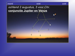 ochtend 2 augustus, 3 voor Chr.
conjunctie Jupiter en Venus
noord oost zuid
 