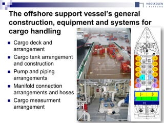 The offshore support vessel’s general
construction, equipment and systems for
cargo handling
   Cargo deck and
    arrangement
   Cargo tank arrangement
    and construction
   Pump and piping
    arrangements
   Manifold connection
    arrangements and hoses
   Cargo measurment
    arrangement
 