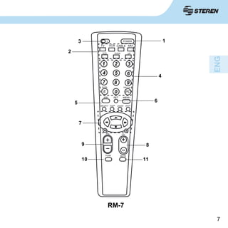 77
L POWER
TV
1
1
2
2
3
3
4
4
5
5
6
6
7
7
8
8
9
9
0
0
VCR
VCD DVDA UX
CABLE SAT
ENTER
PIP SET MENU
E PC
PREV. CH
SELECT
VOL
TV/AV MUTE
CH
DISP SWAP EXIT
1 11
RM-7
 