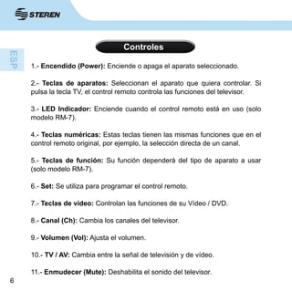 6
Controles
1.- Encendido (Power): Enciende o apaga el aparato seleccionado.
2.- Teclas de aparatos: Seleccionan el aparato que quiera controlar. Si
pulsa la tecla TV, el control remoto controla las funciones del televisor.
3.- LED Indicador: Enciende cuando el control remoto está en uso (solo
modelo RM-7).
4.- Teclas numéricas: Estas teclas tienen las mismas funciones que en el
control remoto original, por ejemplo, la selección directa de un canal.
5.- Teclas de función: Su función dependerá del tipo de aparato a usar
(solo modelo RM-7).
6.- Set: Se utiliza para programar el control remoto.
7.- Teclas de vídeo: Controlan las funciones de su Vídeo / DVD.
8.- Canal (Ch): Cambia los canales del televisor.
9.- Volumen (Vol): Ajusta el volumen.
10.- TV / AV: Cambia entre la señal de televisión y de vídeo.
11.- Enmudecer (Mute): Deshabilita el sonido del televisor.
 