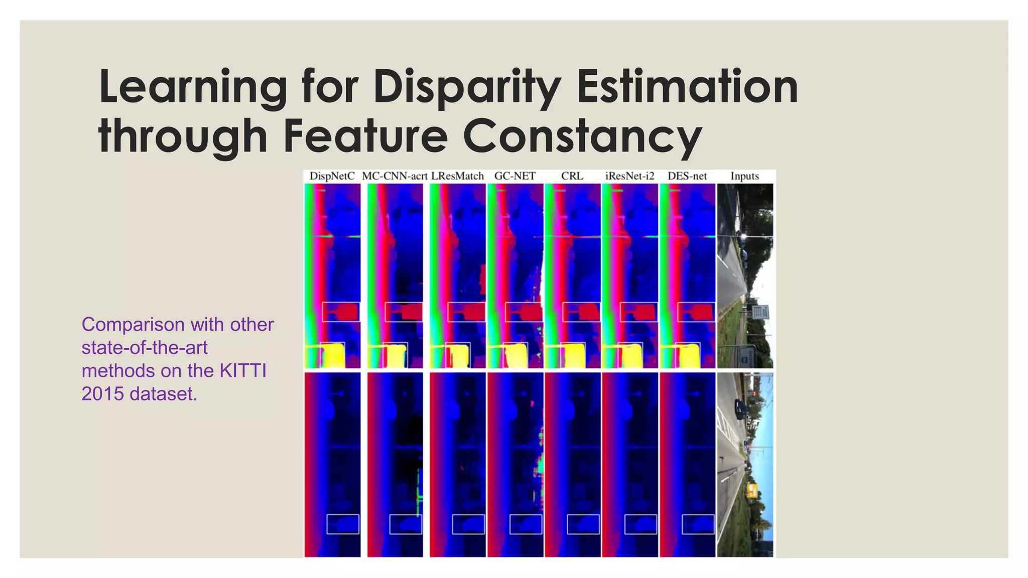 Learning for Disparity Estimation
through Feature Constancy
Comparison with other
state-of-the-art
methods on the KITTI
2015 dataset.
 