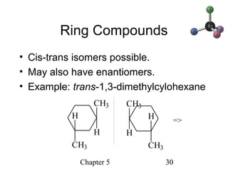 Chapter 5 30
Ring Compounds
• Cis-trans isomers possible.
• May also have enantiomers.
• Example: trans-1,3-dimethylcylohexane
CH3
H
H
CH3
CH3
H
H
CH3
=>
 