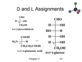 Chapter 5 34
D and L Assignments
CHO
H OH
CH2OH
D-(+)-glyceraldehyde
*
CHO
H OH
HO H
H OH
H OH
CH2OH
D-(+)-glucose
*
COOH
H2N H
CH2CH2COOH
L-(+)-glutamic acid
*
=>
 