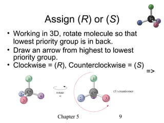 Chapter 5 9
Assign (R) or (S)
• Working in 3D, rotate molecule so that
lowest priority group is in back.
• Draw an arrow from highest to lowest
priority group.
• Clockwise = (R), Counterclockwise = (S)
=>
 