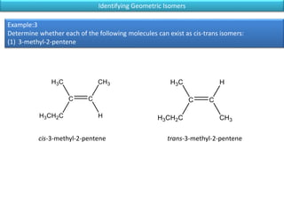 Identifying Geometric Isomers
Example:3
Determine whether each of the following molecules can exist as cis-trans isomers:
(1) 3-methyl-2-pentene
cis-3-methyl-2-pentene trans-3-methyl-2-pentene
 