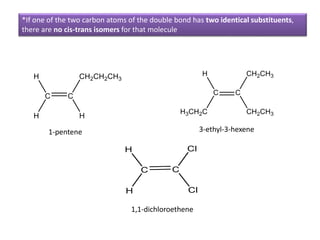 1-pentene 3-ethyl-3-hexene
*If one of the two carbon atoms of the double bond has two identical substituents,
there are no cis-trans isomers for that molecule
1,1-dichloroethene
 