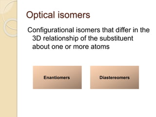 Optical isomers
Configurational isomers that differ in the
3D relationship of the substituent
about one or more atoms
DiastereomersEnantiomers
 