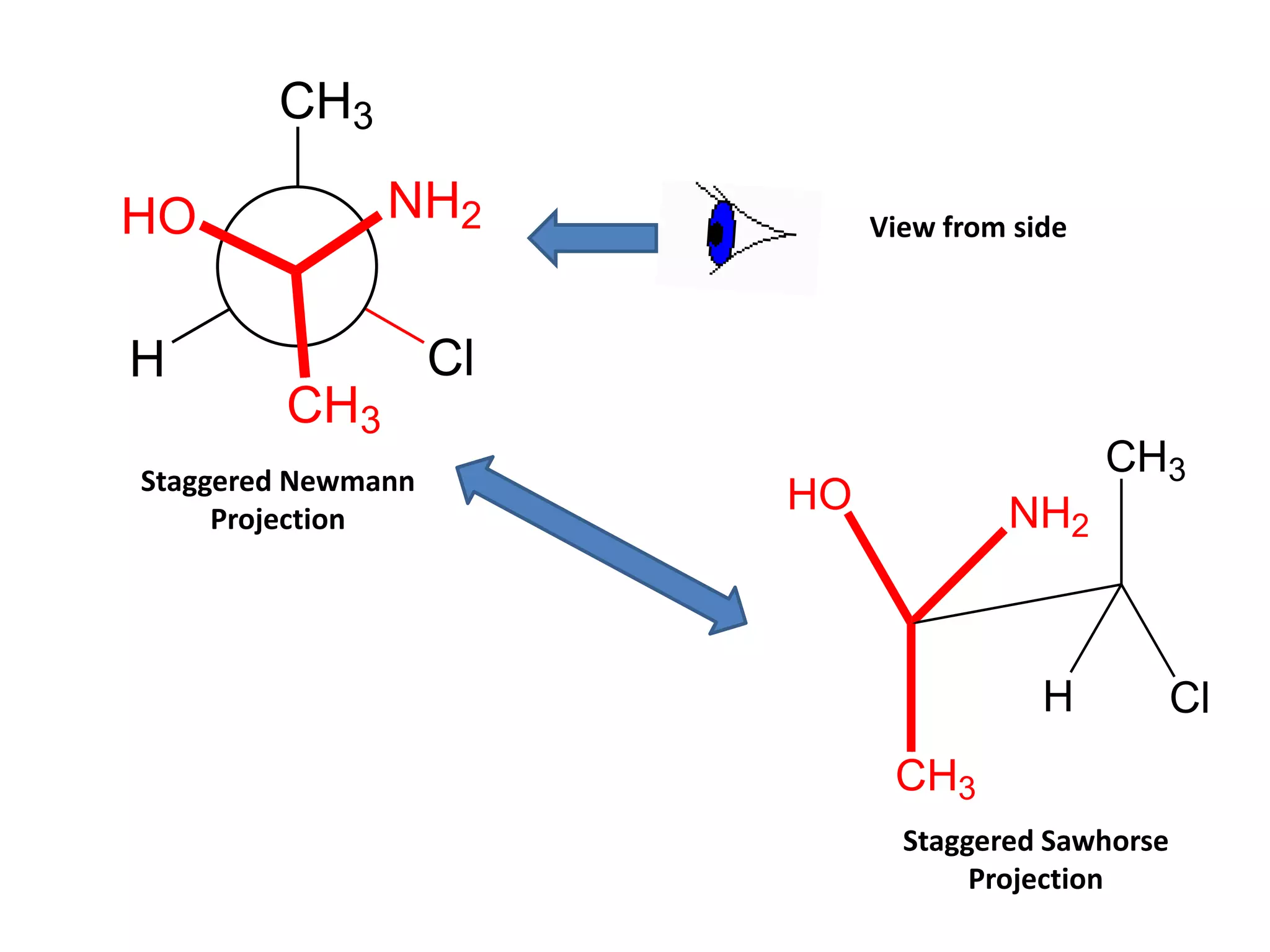 Cl
H
CH3
HO NH2
CH3
CH3
CH3
NH2
HO
Cl
H
View from side
Staggered Newmann
Projection
Staggered Sawhorse
Projection
 