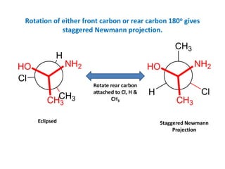 Rotation of either front carbon or rear carbon 180o gives
staggered Newmann projection.
CH3
Cl
H
HO NH2
CH3
Eclipsed
Cl
H
CH3
HO NH2
CH3
Staggered Newmann
Projection
Rotate rear carbon
attached to Cl, H &
CH3
 
